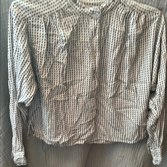 LOFT Cream and Brown Bishop Sleeve Blouse with Mandarin Collar - Picture 1 of 6